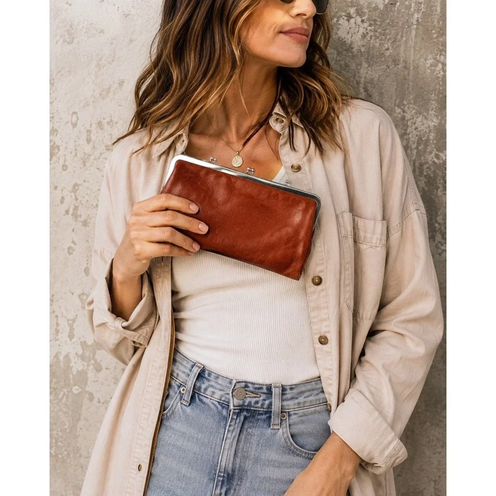 HOBO Leather Frame Clutch Wallet Cognac Kisslock Organizer RFID Brown